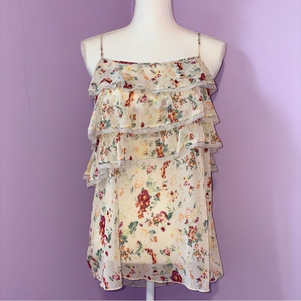 Vtg Route 66 Ethereal Coquette Girl Cottagecore Asymmetrical Ruffle Top Sheer M